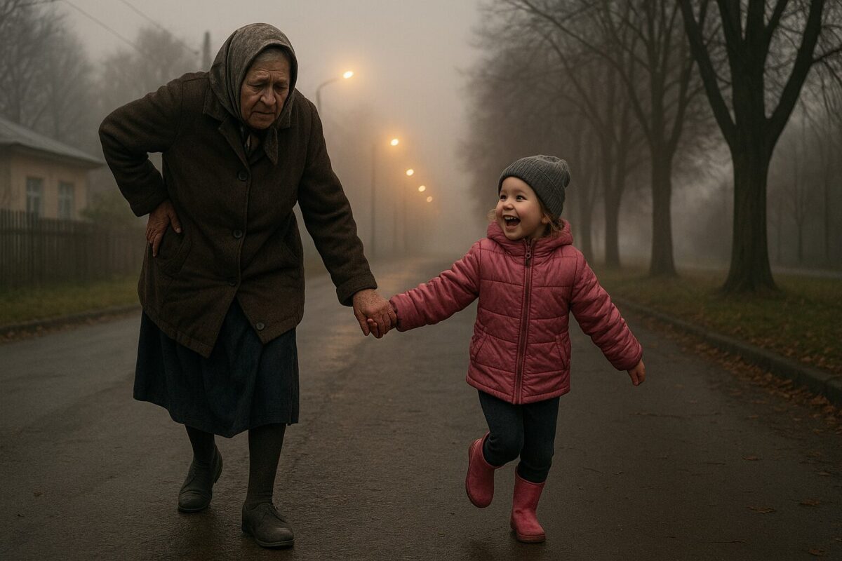 Пожилая женщина сгорбленная, в тёмном пальто и старом платке, держится за поясницу и идёт по туманной улице, держась за руку весёлой пятилетней девочки в розовой курточке и сапожках; вокруг — деревья без листьев и горящие фонари ранним утром.