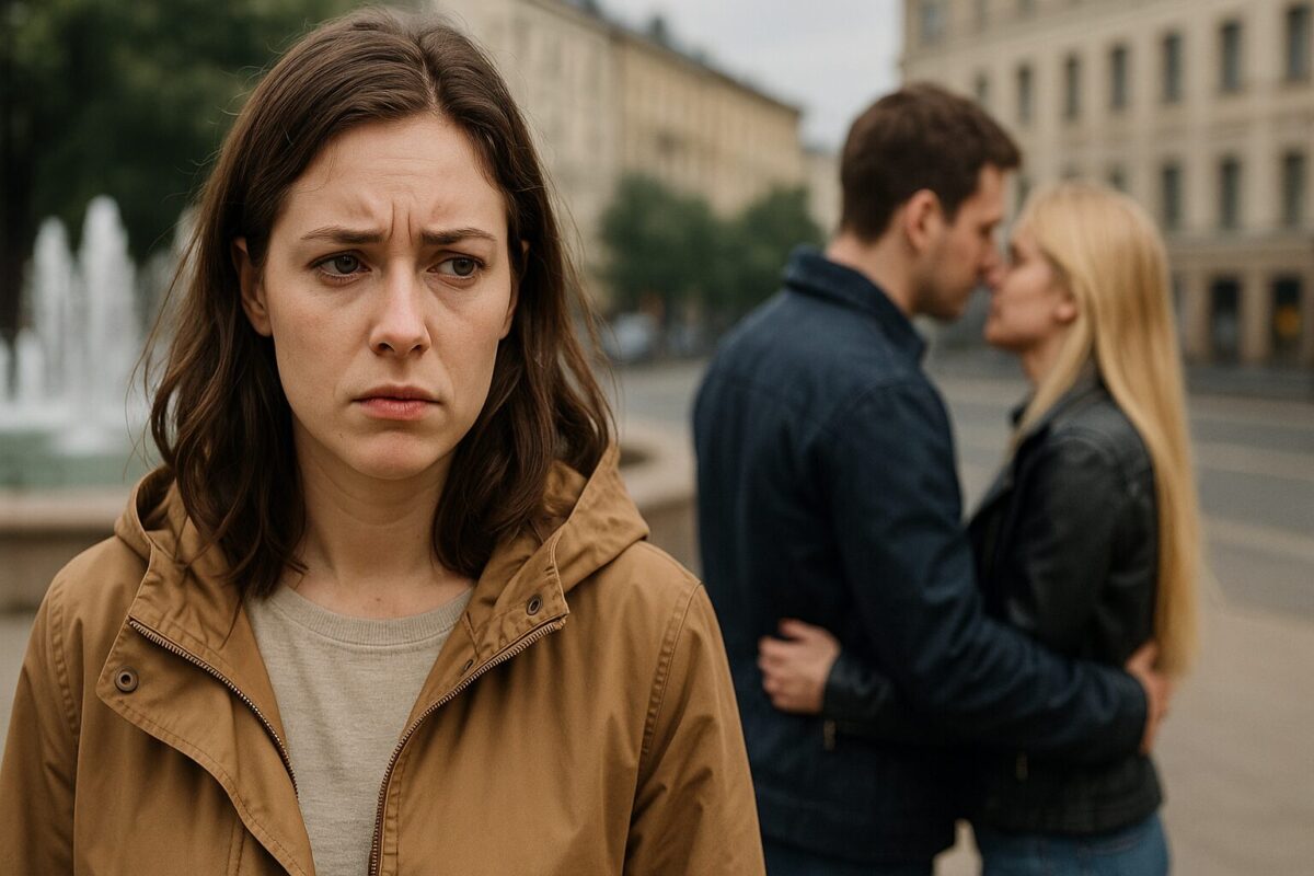 ChatGPT сказал: Женщина с тревожным взглядом наблюдает за парой у фонтана.