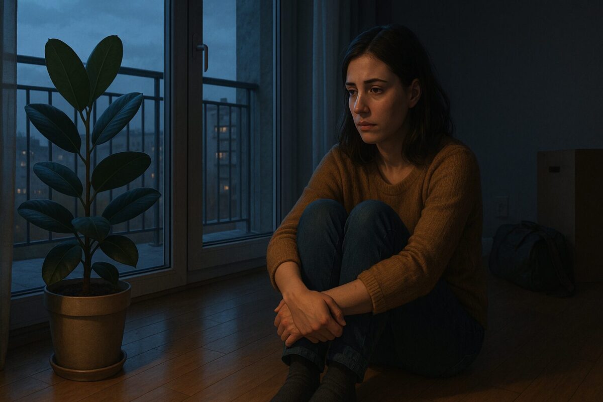 Женщина с задумчивым лицом сидит на полу у окна в полутёмной комнате. Она одета в тёплый свитер и джинсы, обнимает колени.