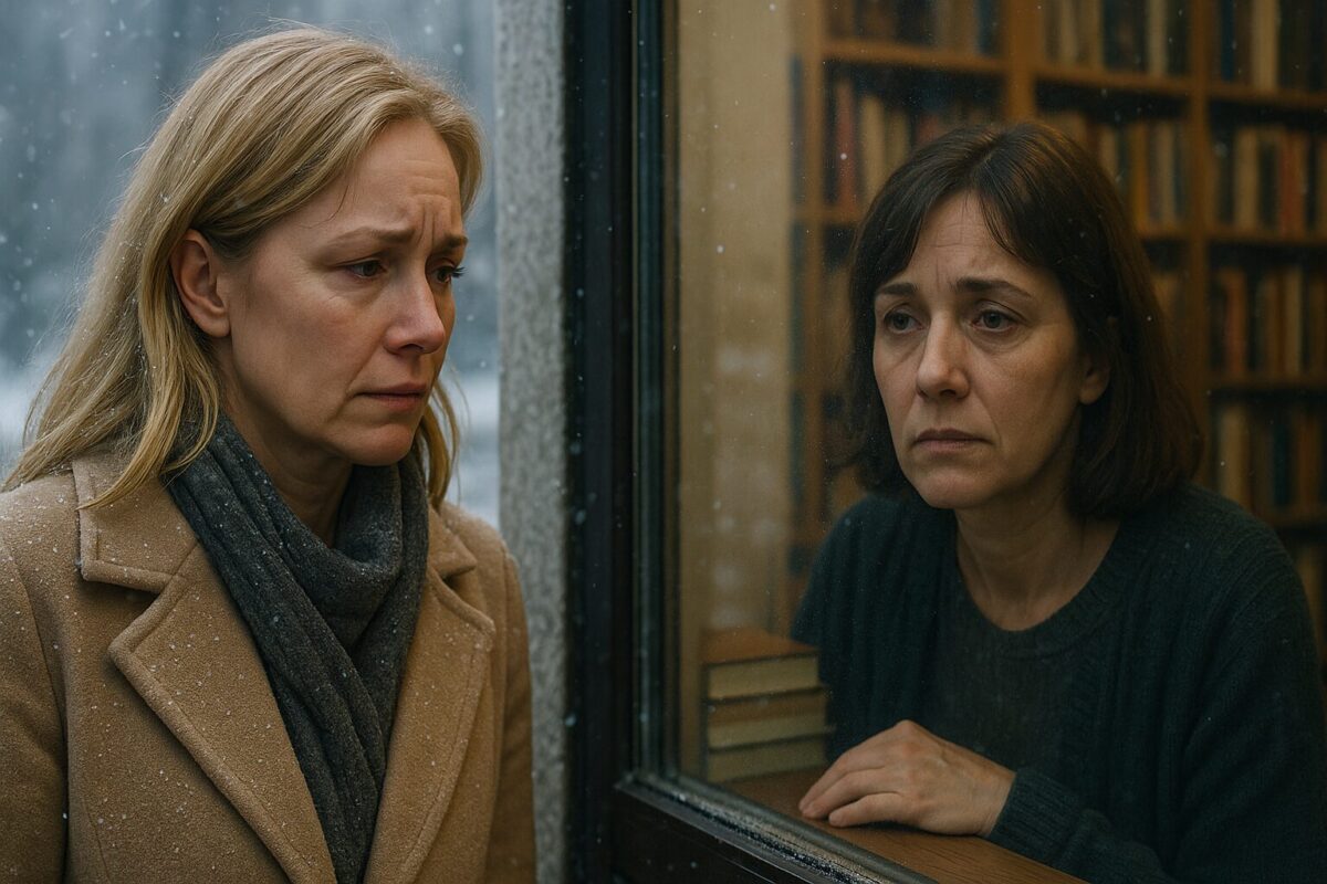 Две женщины смотрят друг на друга через окно книжного магазина: одна стоит на заснеженной улице, другая — внутри, сдерживая эмоции.