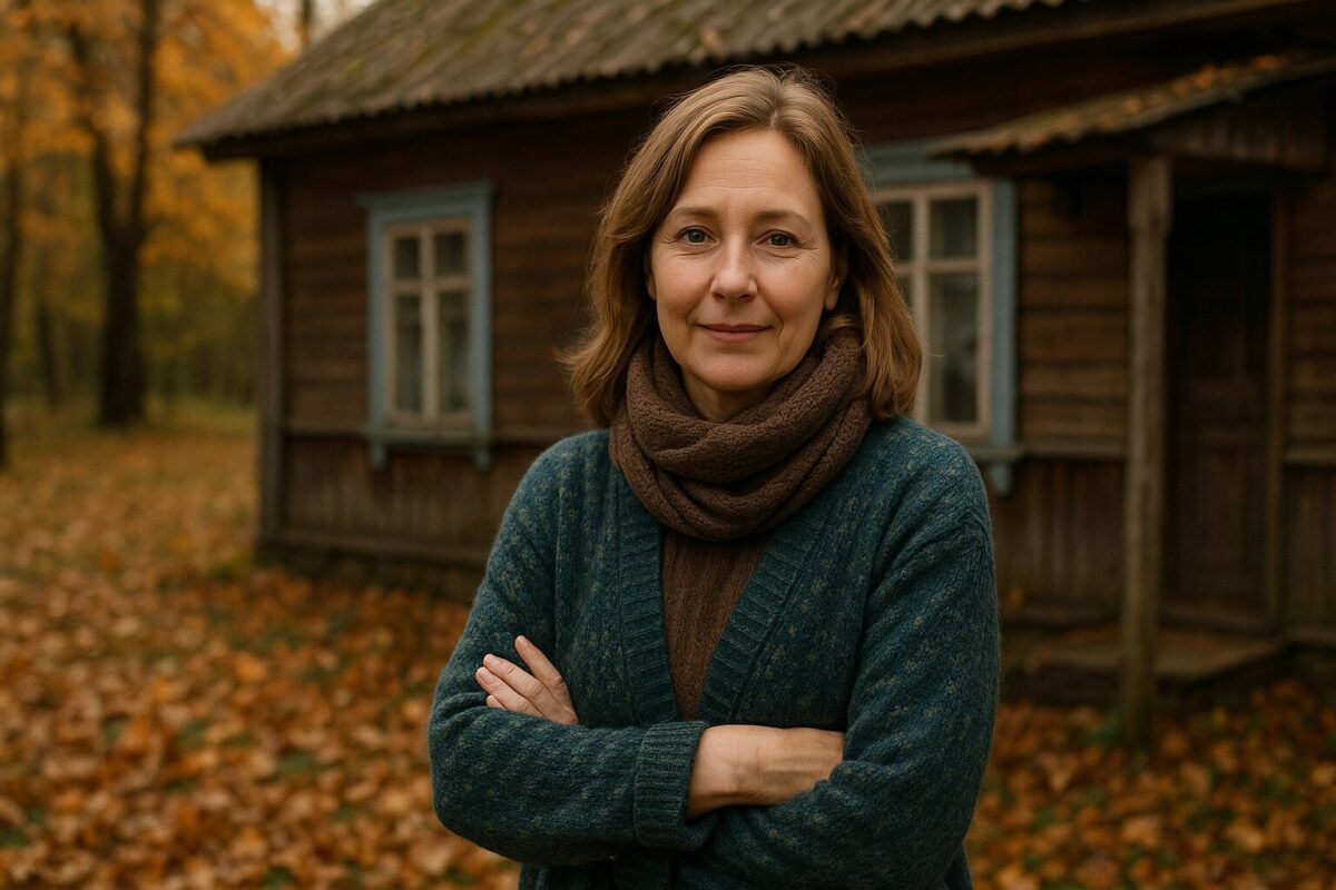 Женщина средних лет на фоне деревенского дома осенью.