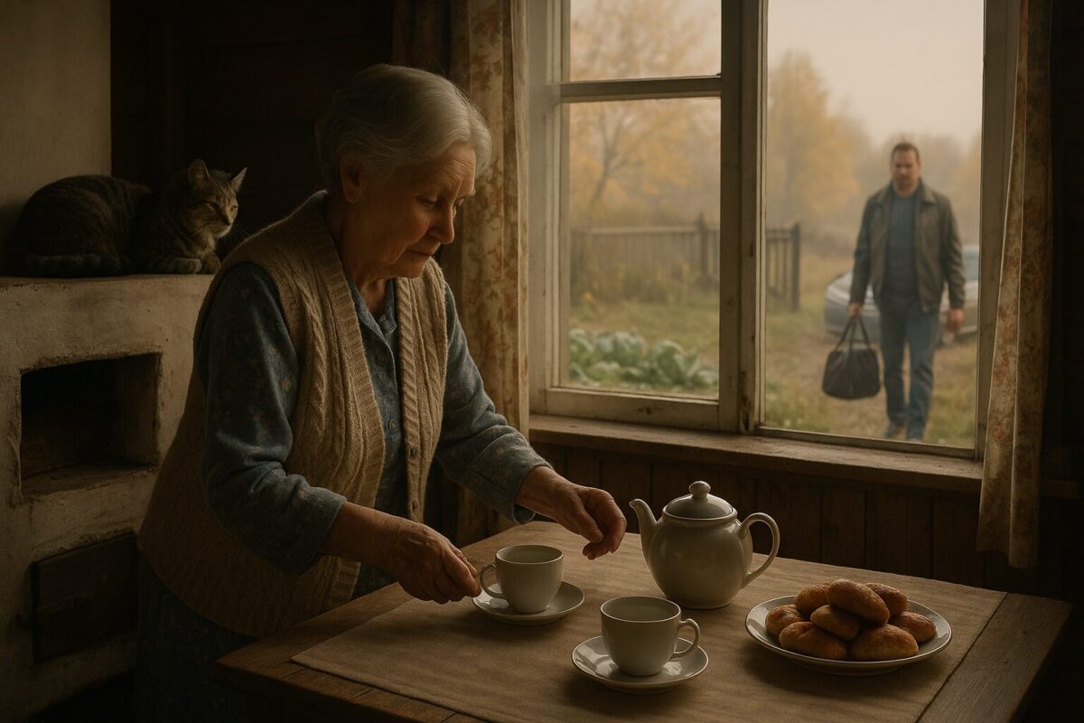 Пожилая женщина в деревенской кухне накрывает на стол с чайником и пирожками, в то время как в окно видно, как её сын выходит из машины. Осень, тёплая атмосфера, табby кошка лежит у печки.