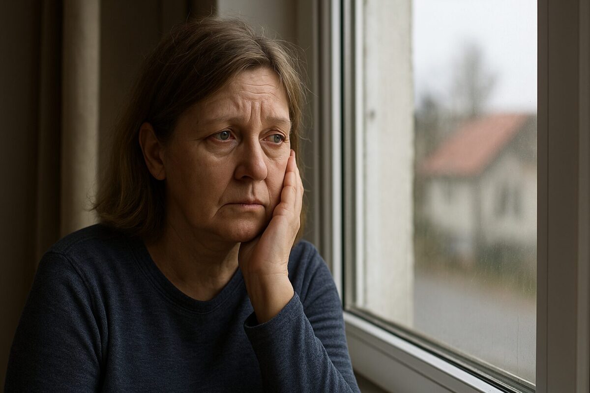 Женщина средних лет с грустным лицом