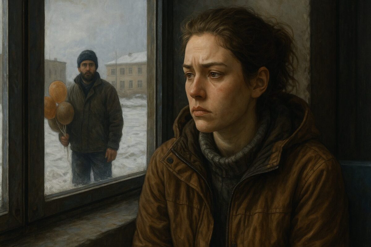 Молодая женщина в зимней одежде сидит у окна общежития, с телефоном в руках, за стеклом — морозная ночь и одинокий огонек вдали.