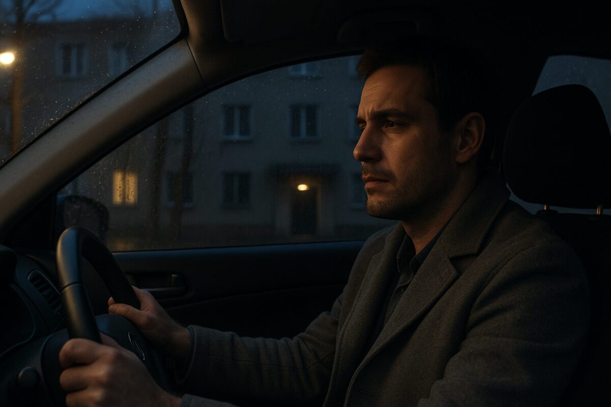 Мужчина в сером пальто сидит за рулём автомобиля вечером, уставший и задумчивый, смотрит на окна тёмного многоквартирного дома. На стекле капли дождя, вокруг — сумерки и слабый свет уличного фонаря.