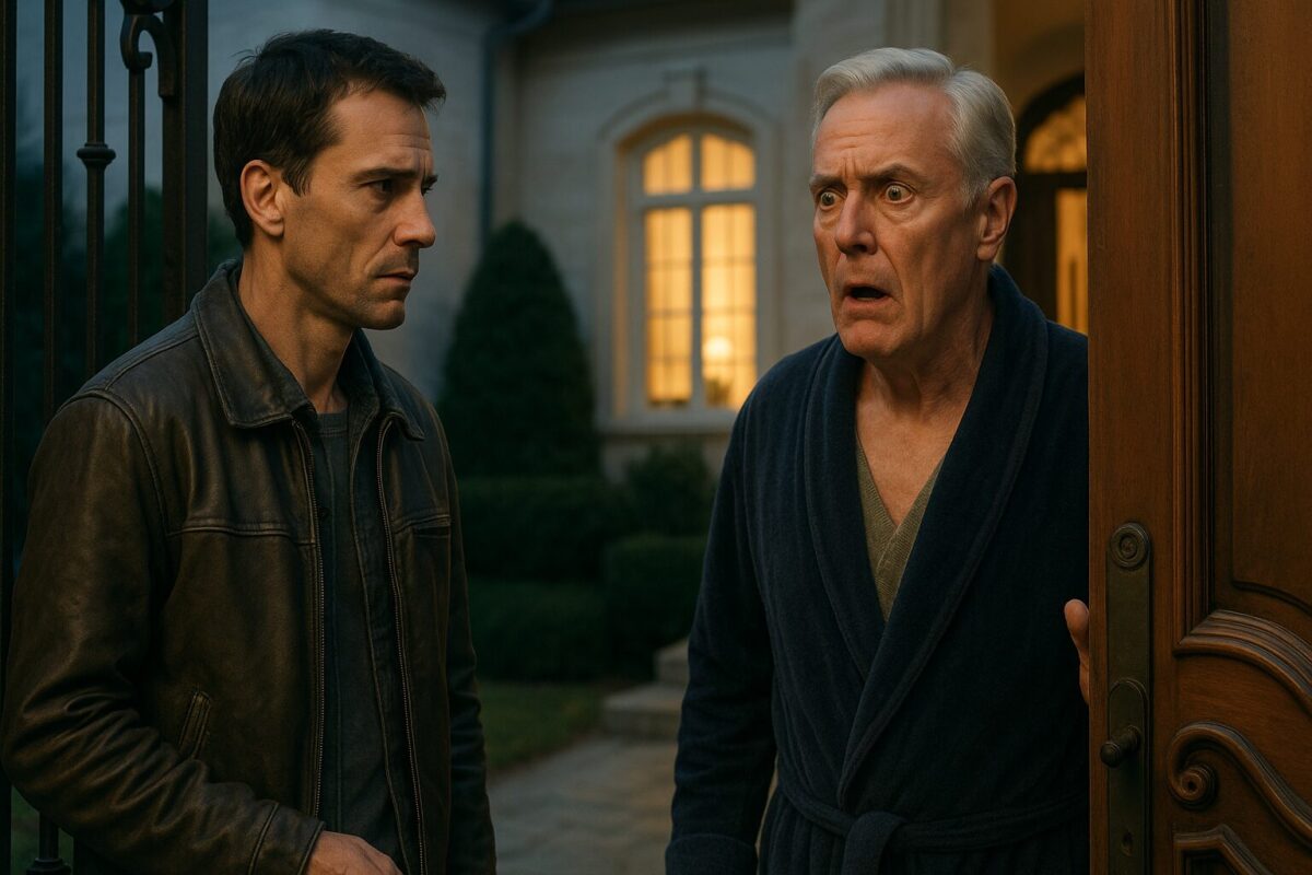 Два мужчины стоят у входа в особняк: один — молодой в кожаной куртке, другой — пожилой в дорогом тёмном халате с выражением шока. Вечернее освещение из окна мягко освещает сцену, подчёркивая напряжённую атмосферу и контраст между роскошью дома и простотой незваного гостя.