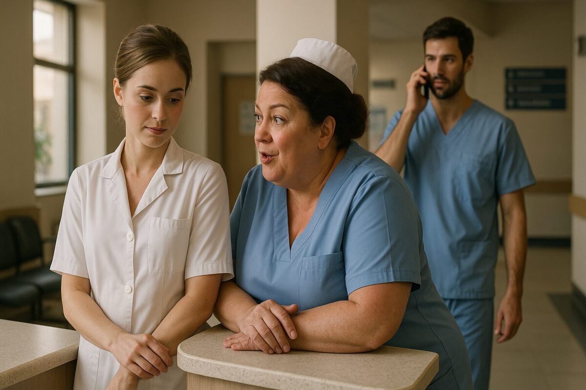 Молодая женщина в белом халате стоит у стойки администратора, смущённо отводит взгляд. Рядом — медсестра средних лет с оживлённым выражением, позирует в разговоре. На заднем плане мужчина-врач в голубой форме идёт по коридору, говоря по телефону. Сцена — больничный вестибюль, утренний свет.
