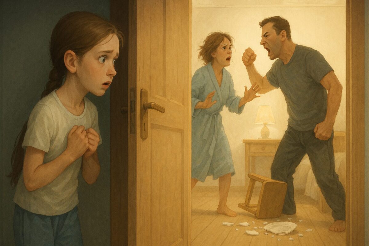 Светлая сцена: испуганная девочка смотрит через приоткрытую дверь на кричащего мужчину и женщину в ярко освещённой комнате, на полу — осколки и поваленный стул.