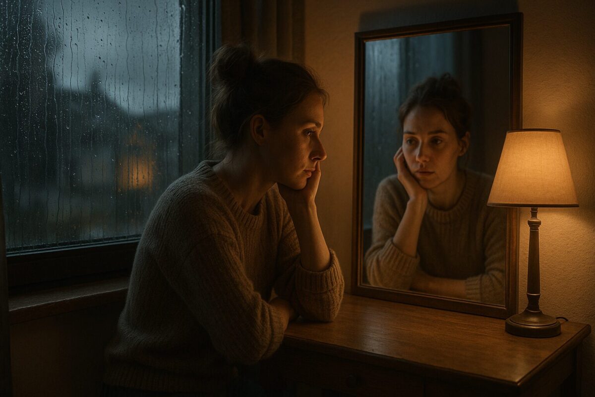 женщина лет тридцати с небольшим, с рыжеватыми волосами, собранными в беспорядочный пучок, спокойно сидящая за деревянным туалетным столиком. На ней уютный свитер земляных тонов, и она смотрит в зеркало с усталым, задумчивым выражением лица.