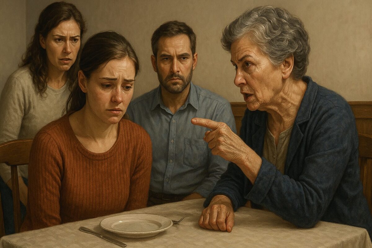 Пожилая женщина с укором указывает на молодую женщину, сидящую за столом с опущенной головой; рядом — молчаливый мужчина и встревоженная молодая женщина, поддерживающая героиню.