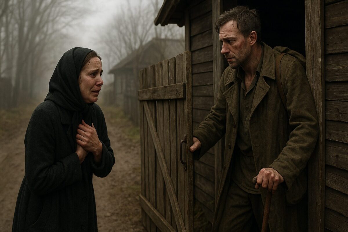 На фоне туманной деревенской улицы женщина в платке стоит у ворот с дрожащими руками, а мужчина в поношенной шинели выходит из-за калитки, опираясь на трость. Они смотрят друг на друга с немой болью и надеждой.