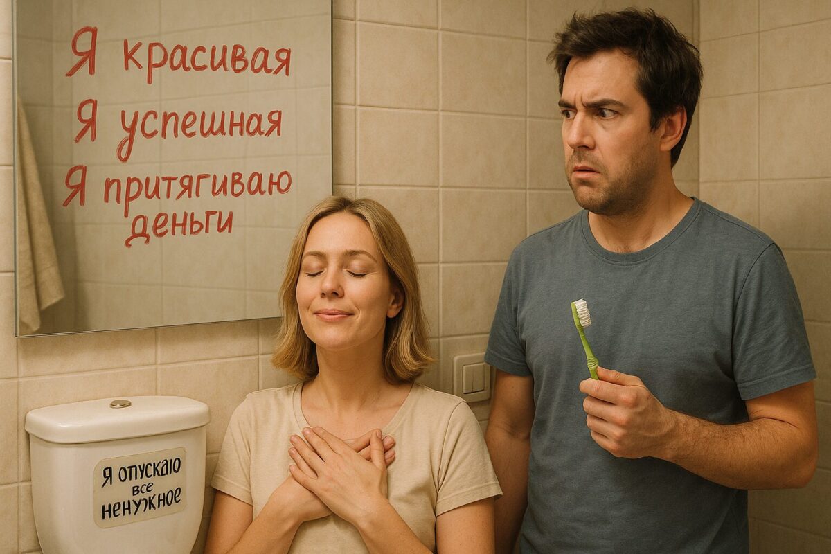 Мужчина с удивлённым выражением лица держит зубную щётку, наблюдая за женщиной, которая стоит перед зеркалом с закрытыми глазами и прижатыми к груди руками, читая аффирмации. На зеркале надписи: «Я красивая», «Я успешная», «Я притягиваю деньги». На бачке унитаза наклейка: «Я отпускаю всё ненужное». Сцена выполнена в тёплом юмористическом стиле, интерьер ванной комнаты реалистичен.