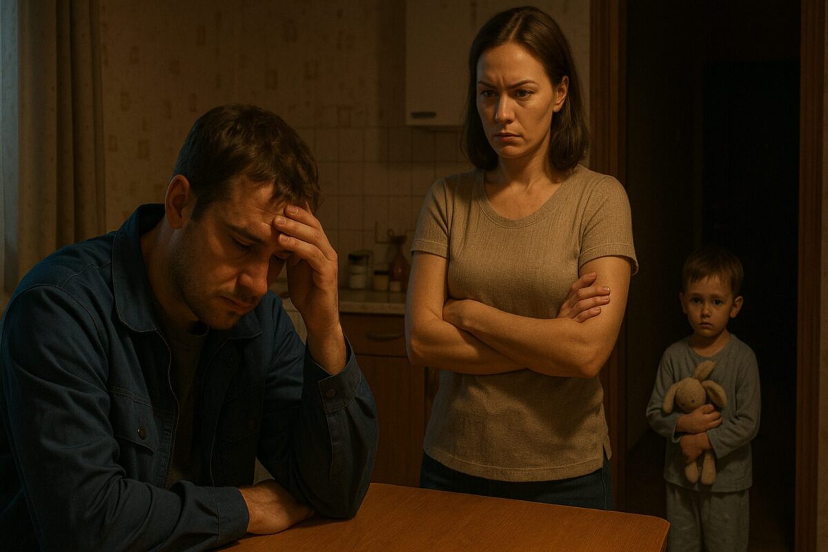 Уставший мужчина в рабочей одежде сидит за кухонным столом, опираясь рукой на лоб. Рядом стоит женщина с серьёзным выражением лица, скрестив руки. В дверном проёме стоит грустный мальчик в пижаме, прижимая к груди мягкую игрушку. Тёплый вечерний свет подчёркивает напряжённую атмосферу сцены.