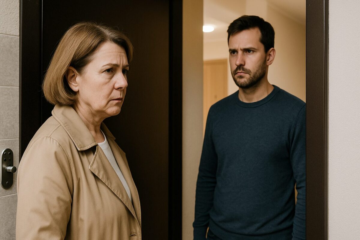 «Мужчина с серьёзным выражением лица стоит на пороге квартиры, напротив него — женщина средних лет в бежевом плаще, сцена напряжённого разговора».