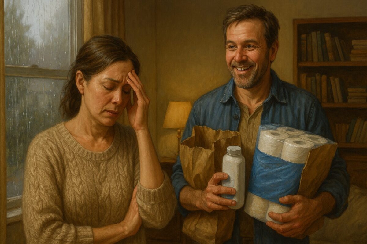 Женщина устало держится за лоб, мужчина радостно показывает ей покупки — бутылку и рулоны бумаги. Сцена в тёплой комнате на фоне дождливого окна, реалистичный стиль.