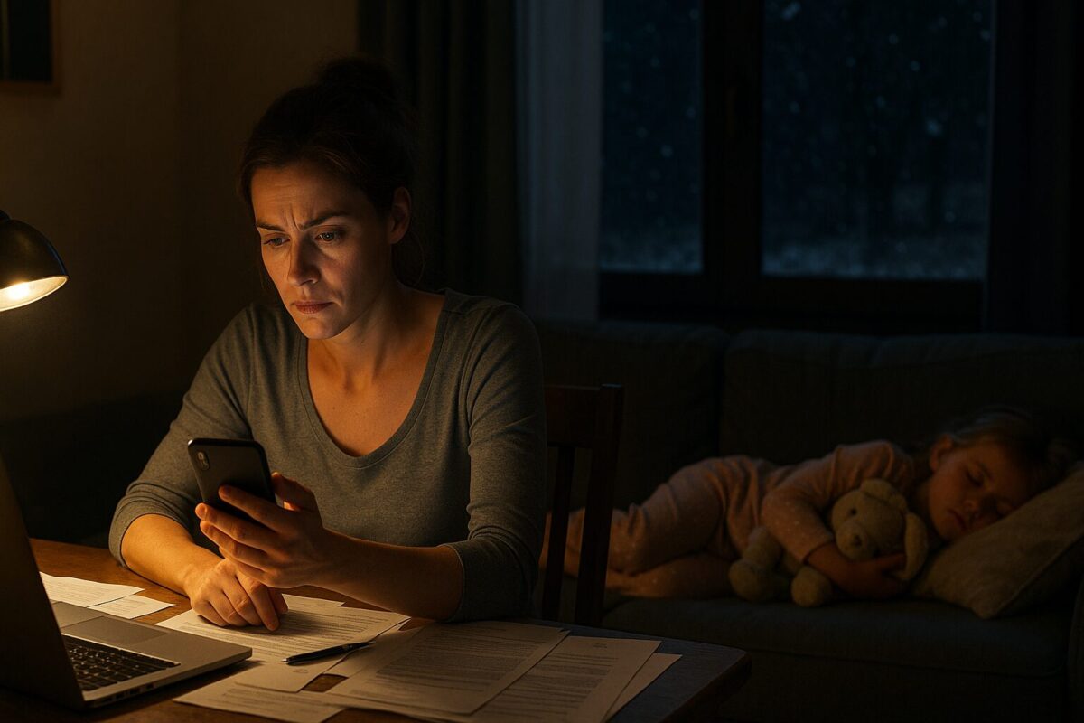 Женщина около 35 лет сидит за столом в тёпло освещённой комнате, перед ней ноутбук и бумаги. Она напряжённо смотрит на смартфон. На диване рядом спит маленькая девочка в пижаме, обнимая плюшевого мишку. За окном — тёмная зимняя ночь и падающий снег.