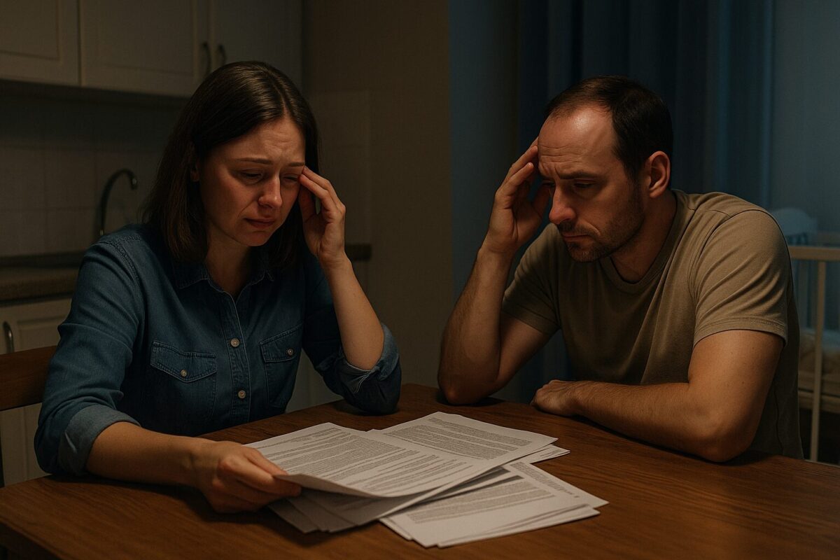 Женщина с слезами сидит за столом с бумагами ночью, муж смотрит на неё уставшим взглядом.