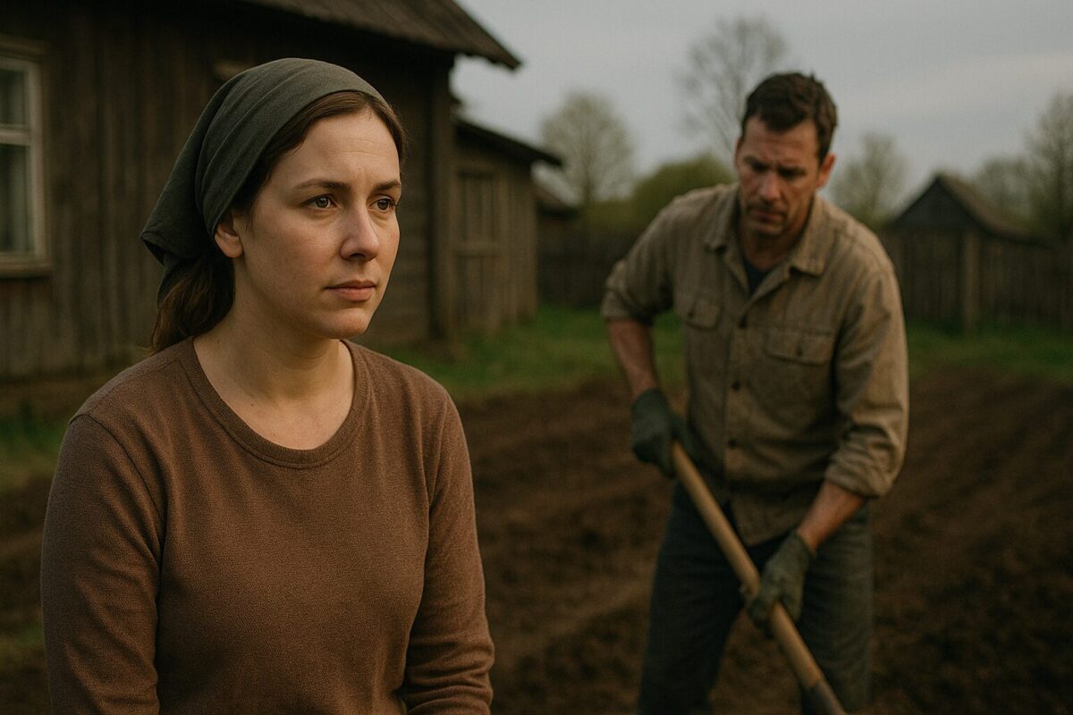 Женщина в платке и простой одежде стоит на фоне вспаханного поля, на её лице — решимость и усталость; за спиной — мужчина с лопатой, работающий молча, вокруг — сельский пейзаж в серых тонах.