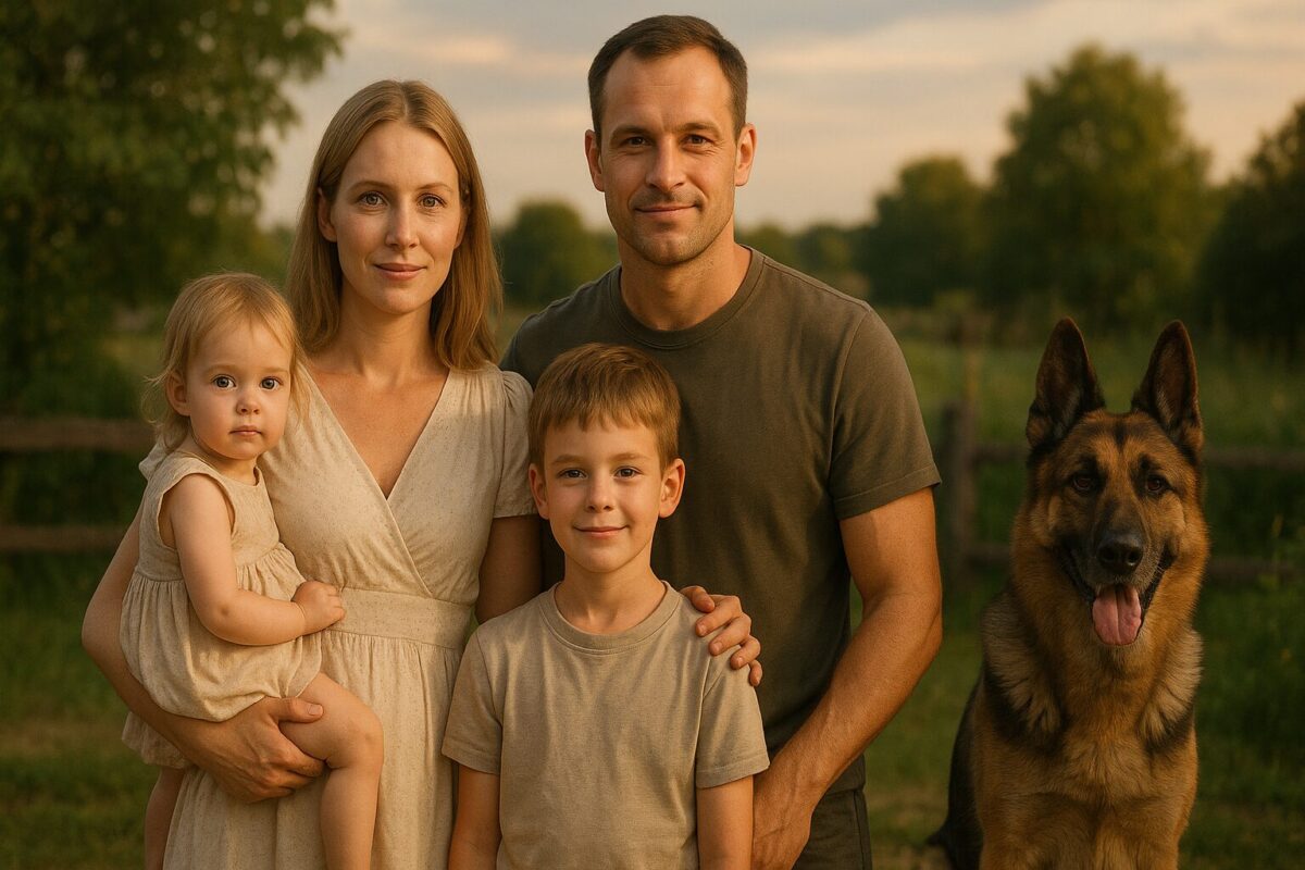 Женщина в светлом платье, мужчина спортивного телосложения, двое детей и добродушный пёс стоят вместе на фоне деревенского пейзажа в тёплом вечернем свете; атмосфера покоя, близости и семейного счастья.