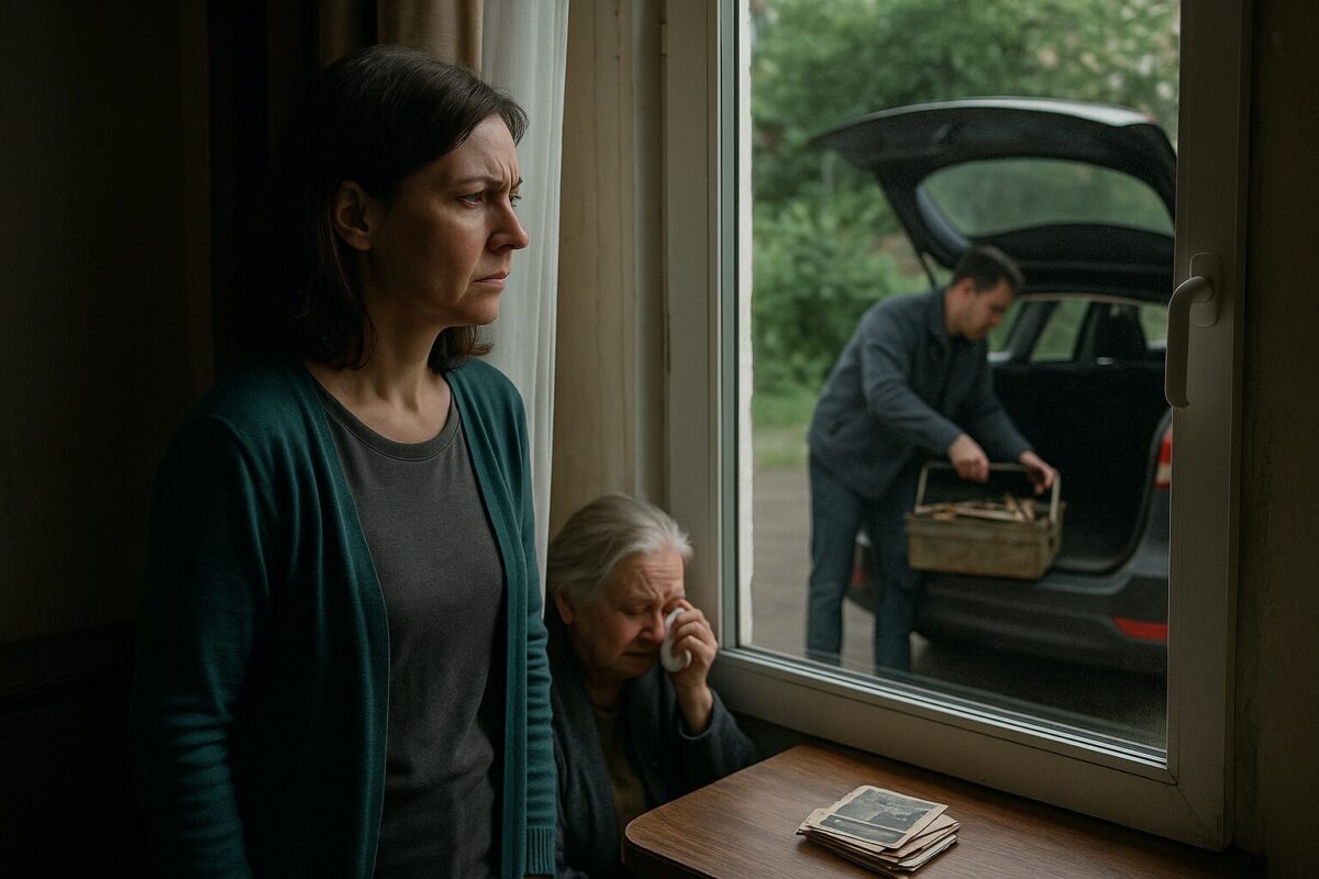 Женщина у окна наблюдает, как брат выносит вещи отца, в доме плачет мать.