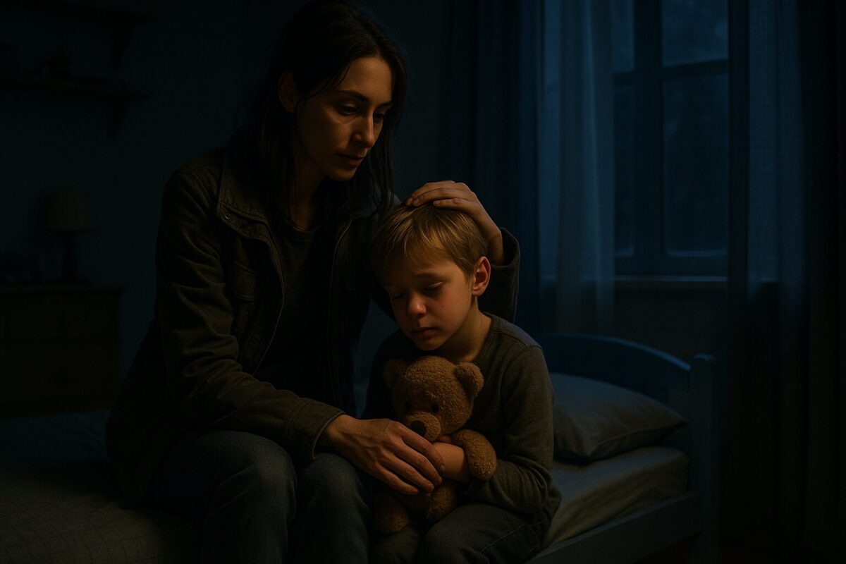 Молодая женщина с тёмными волосами сидит на краю детской кровати и нежно гладит по голове заплаканного мальчика, прижимающего к груди плюшевого мишку; за окном — ночной лунный свет, в комнате царит тревожная тишина.
