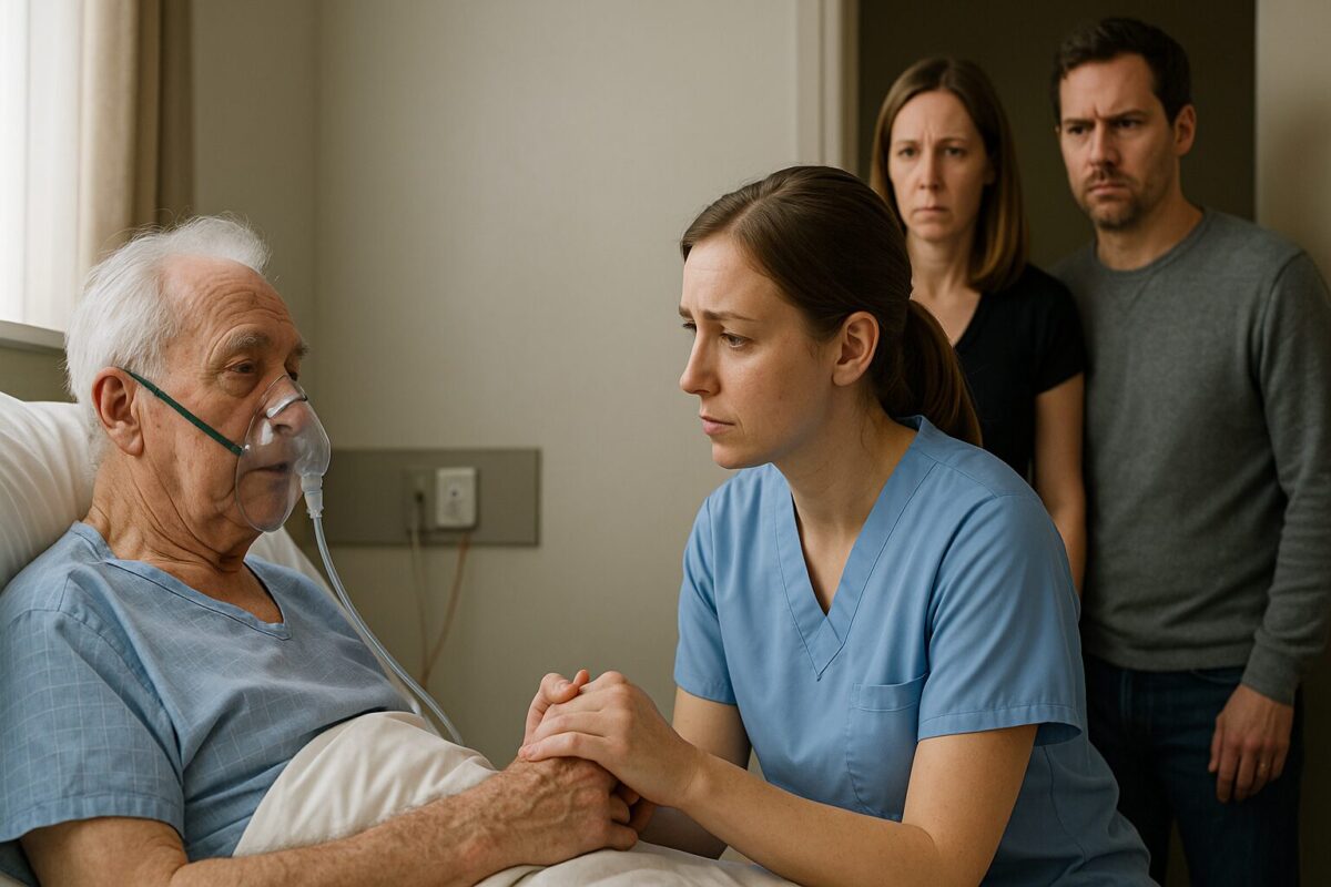 Пожилой мужчина держит за руку молодую медсестру в больничной палате.