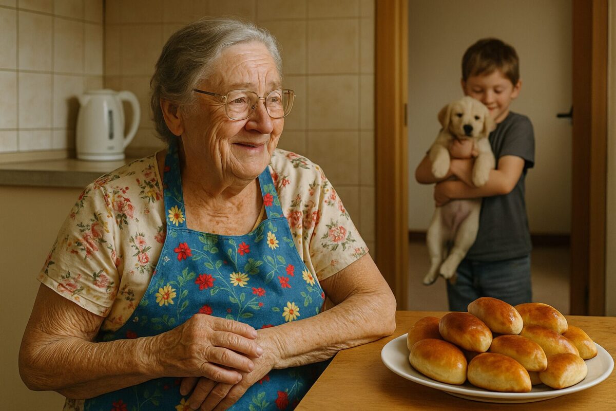 Пожилая женщина с пирожками улыбается сквозь слёзы, глядя на мальчика со щенком.