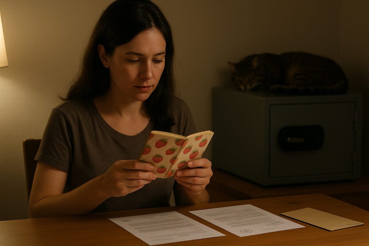 Женщина с тетрадью в земляничном переплёте и судебными бумагами у стола, рядом серый сейф