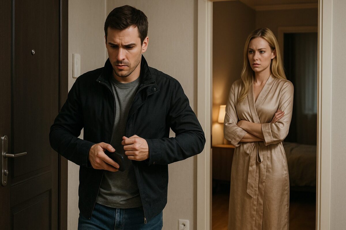 Молодой мужчина с тревожным выражением лица застёгивает куртку у входной двери, в руке держит телефон. На заднем плане, в дверях спальни, стоит женщина в шёлковом халате с раздражённым взглядом и скрещёнными руками. Атмосфера напряжённая, квартира освещена мягким утренним светом.