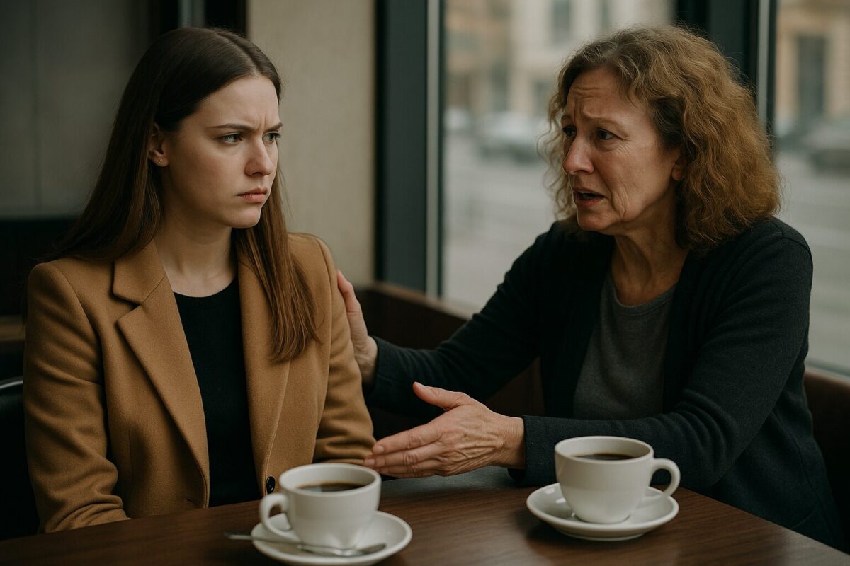 В кафе взрослая женщина отстраняется от матери, вернувшейся через 20 лет.