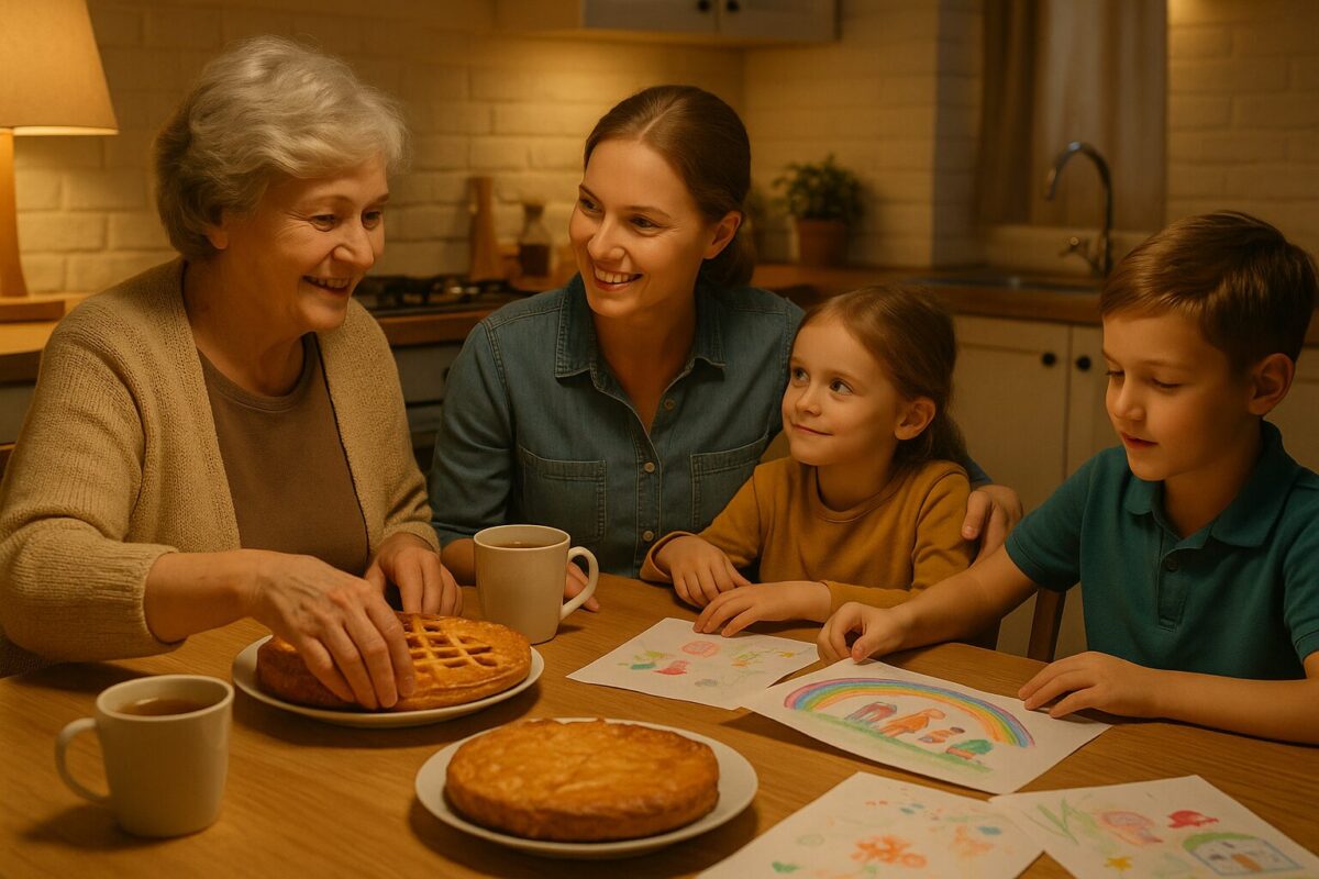 Пожилая женщина и дочь с детьми пьют чай на уютной кухне.