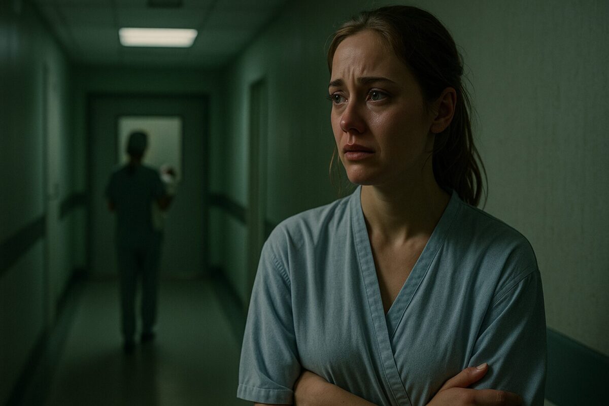 Женщина в роддоме с тревогой смотрит на уходящую медсестру с младенцем.