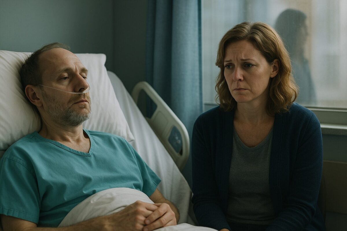 Мужчина лежит в больнице, рядом тревожно сидит жена, в отражении окно — силуэт другой женщины.