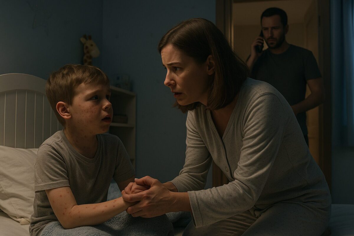 Ирина с тревогой держит сына за руку на больничной койке, лицо мальчика покрыто сыпью.