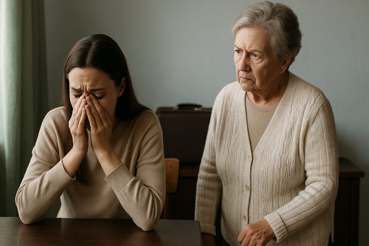 Молодая женщина плачет за столом, рядом строгая бабушка смотрит с укором. Изображения созданы