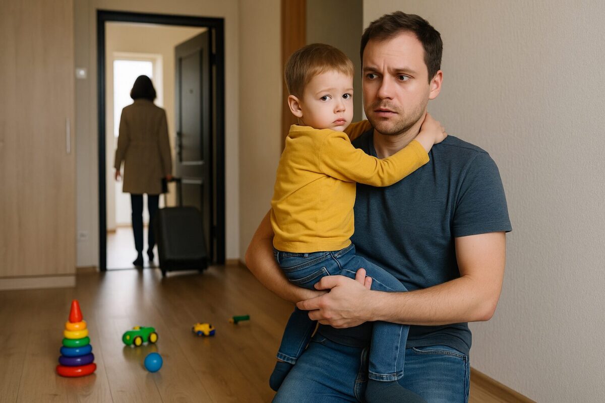 Отец растерянно держит сына на руках, пока мать уходит с чемоданом.
