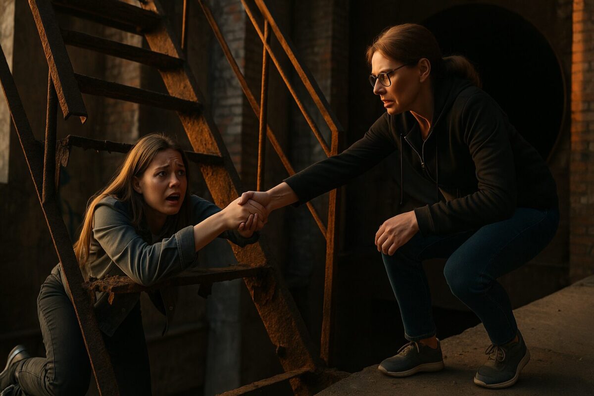 Подросток застрял на скрипучей заводской лестнице, мать рядом протягивает руку помощи