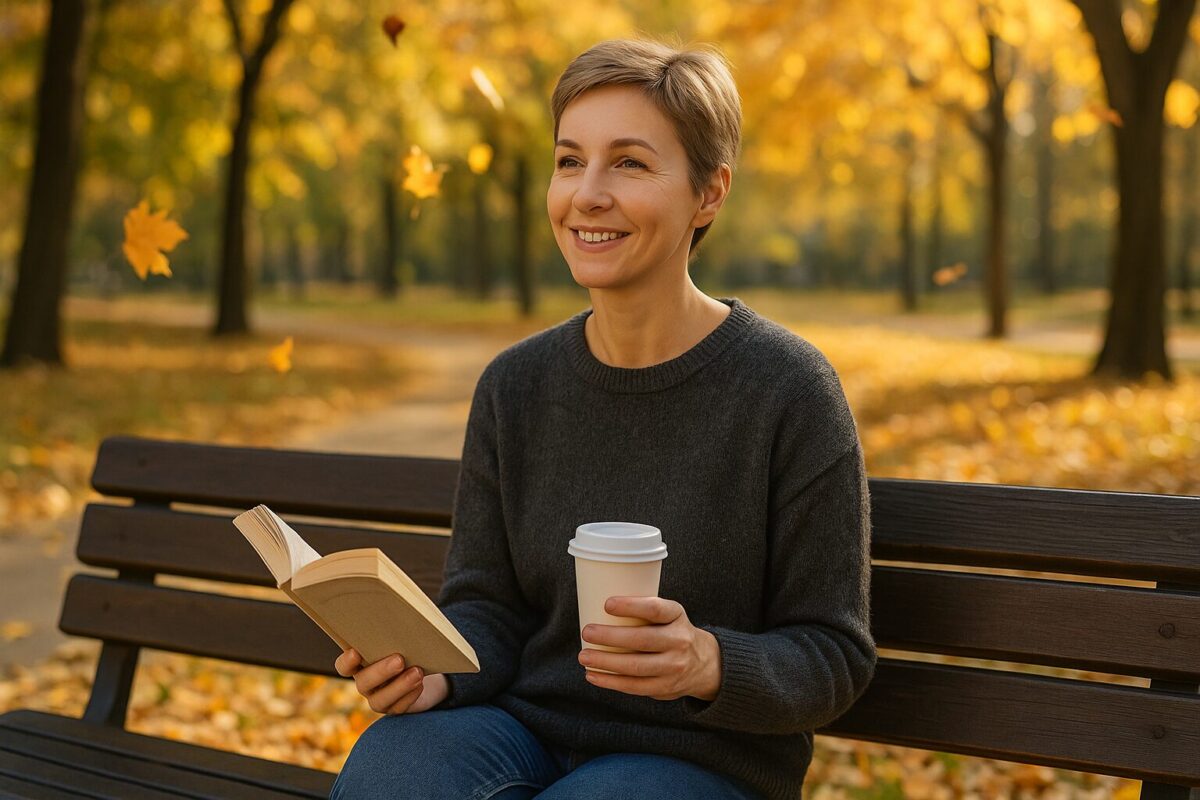 Женщина с книгой и кофе на скамейке в осеннем парке, улыбается.