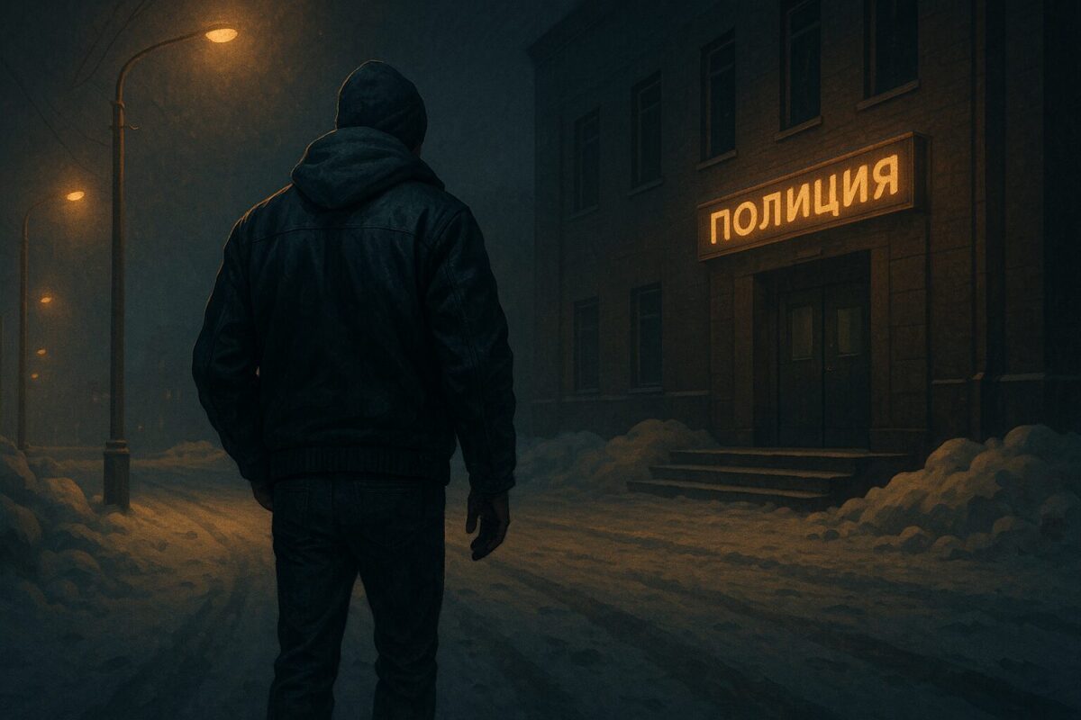 Мужчина в зимней одежде идёт по пустой ночной улице к зданию полиции, жёлтый свет фонарей отражается на снегу.