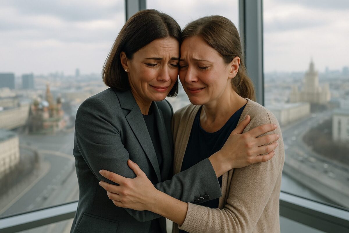 Две похожие женщины обнимаются у окна офиса, в их глазах — слёзы узнавания.