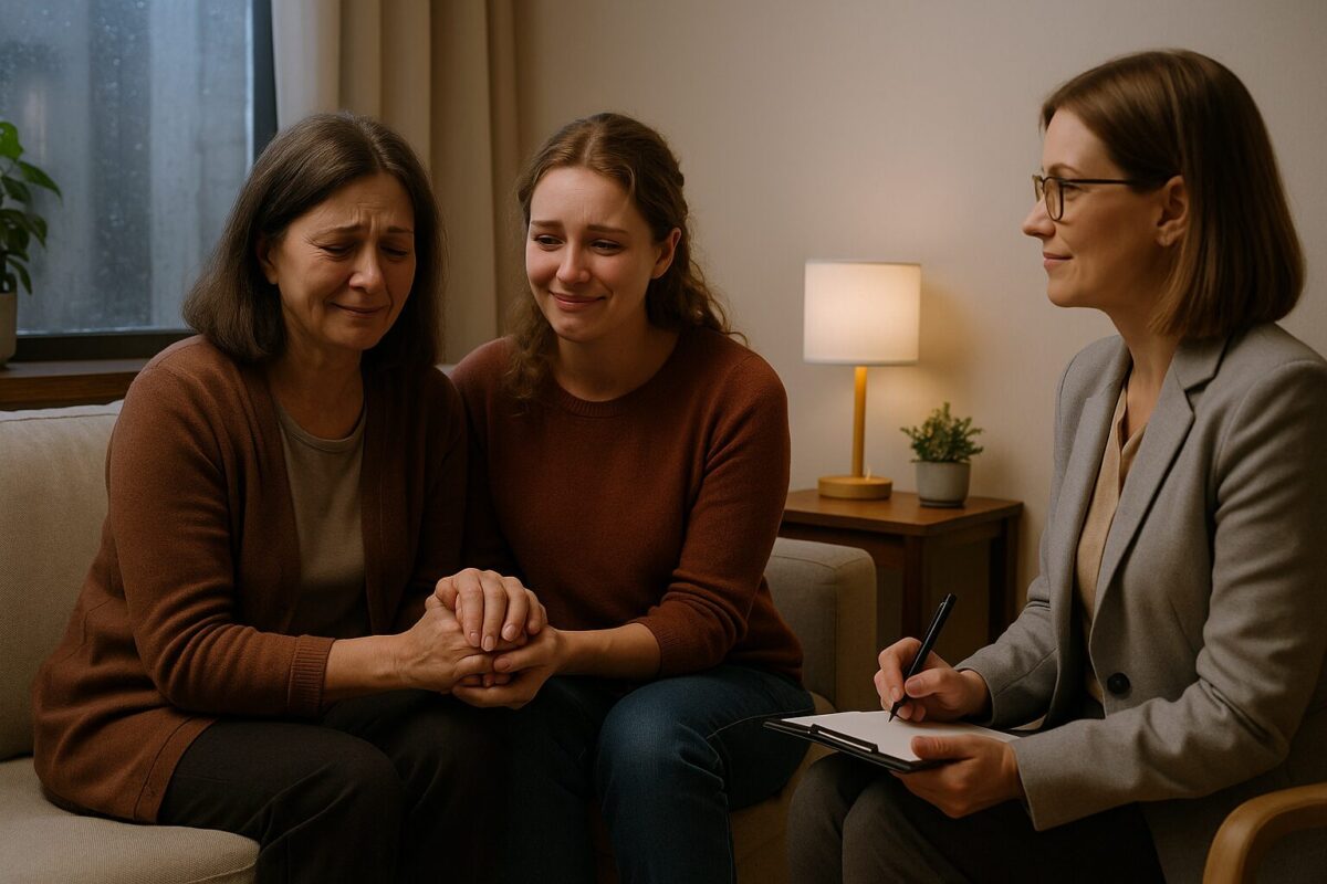 Мать и дочь держатся за руки в кабинете психолога, преодолевая боль утраты
