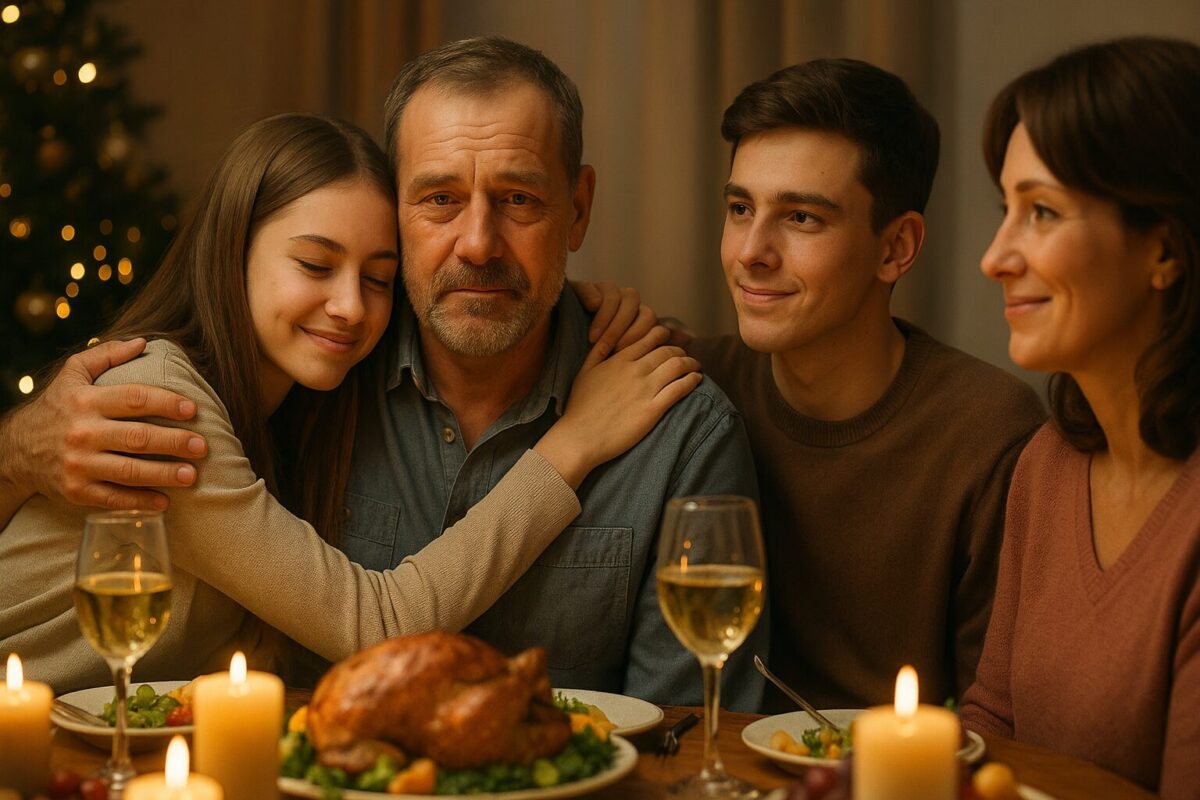 Отец за праздничным столом с детьми и женой, атмосфера примирения.
