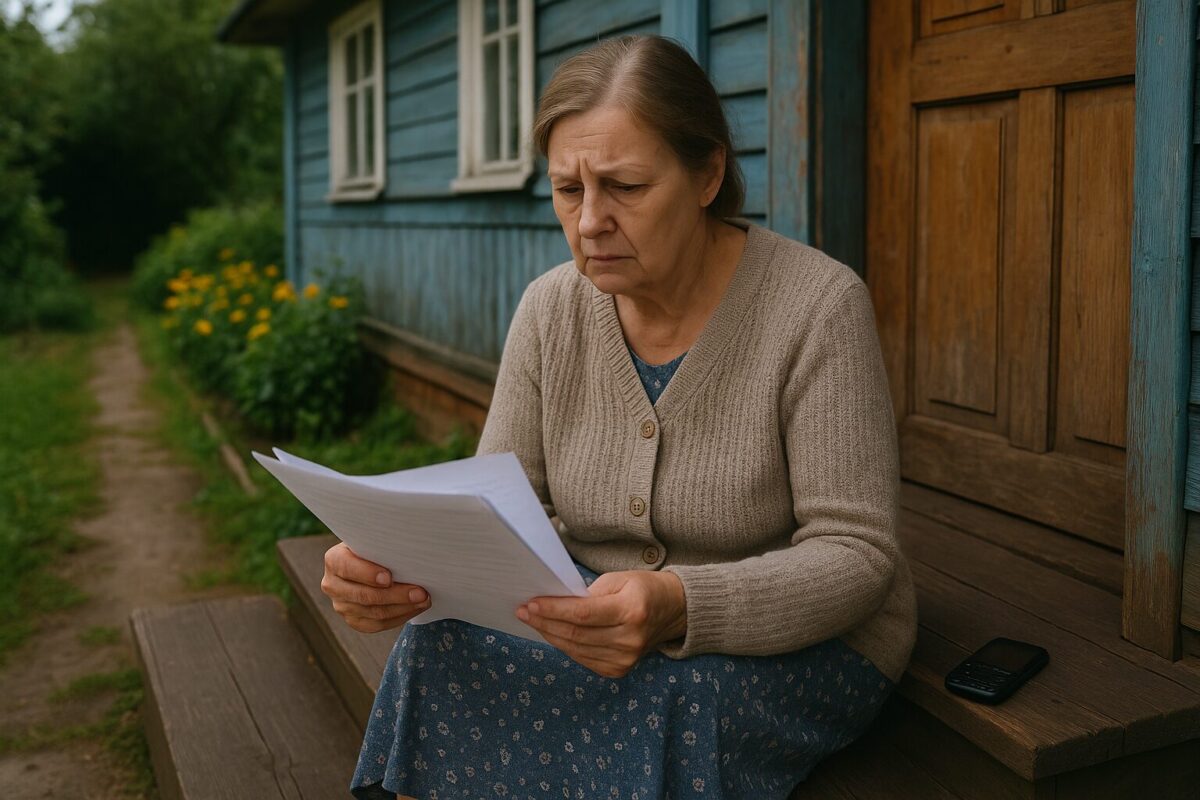 Анна Петровна сидит на крыльце с документами, переживая за дом.