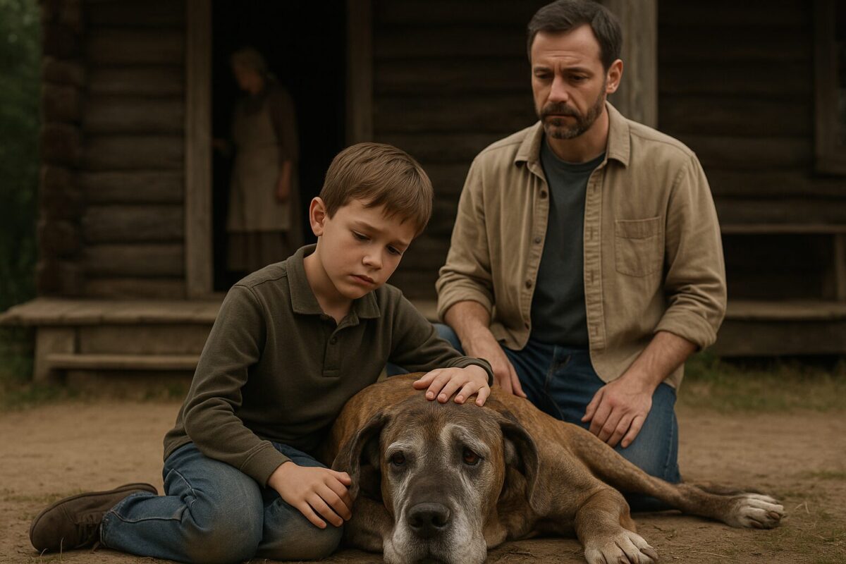 Мальчик гладит старого пса у крыльца деревенского дома.