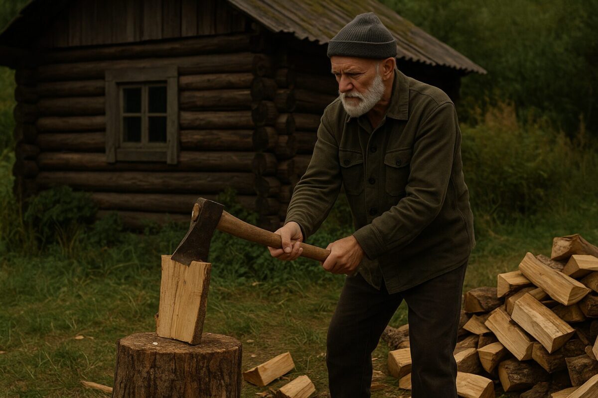 Старик колет дрова у деревенского дома на фоне заросшего двора.