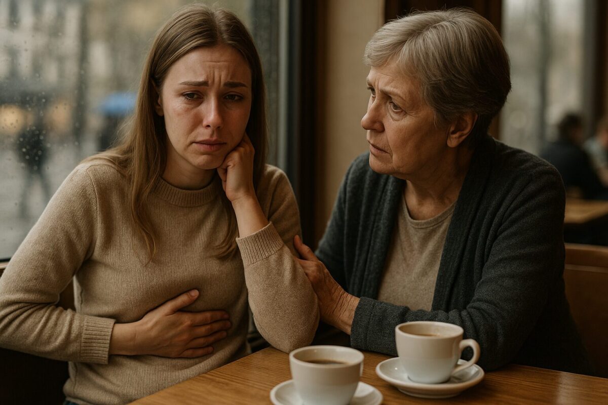 Молодая женщина в слезах сидит напротив матери в кафе, держась за живот.