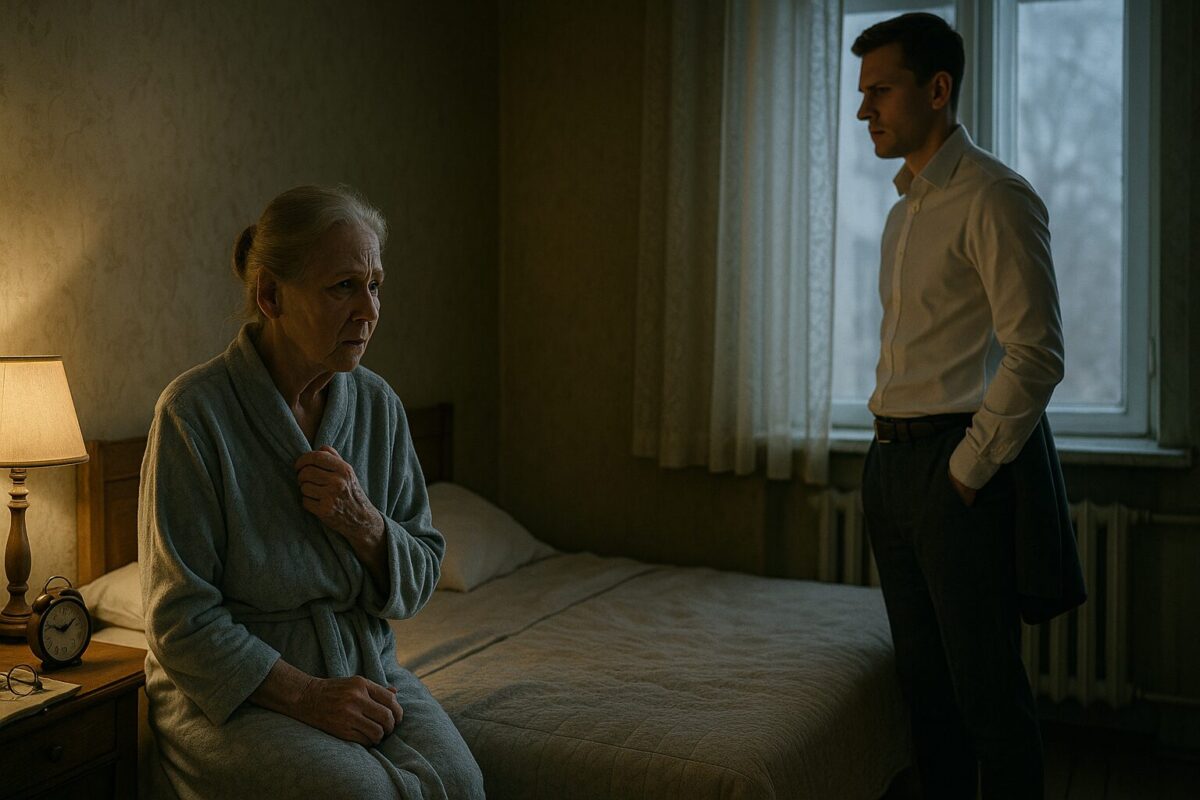 Пожилая женщина и молодой мужчина спорят в тусклой комнате квартиры.