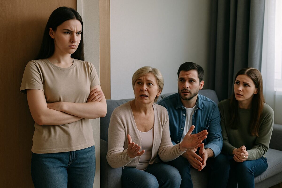 Женщина у двери квартиры отвергает просьбы семьи о деньгах для брата.