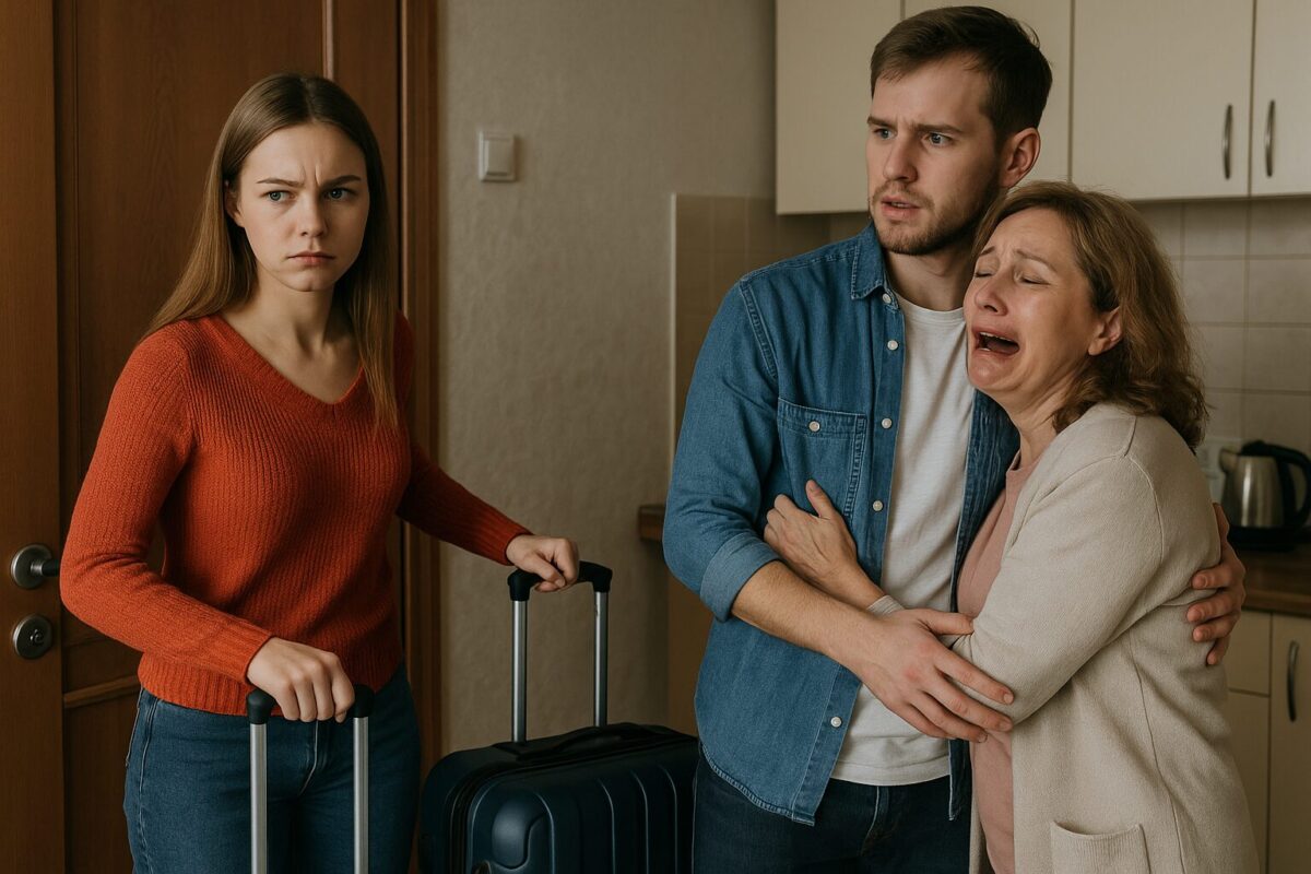 Женщина с чемоданом у двери, свекровь цепляется за сына, конфликт.