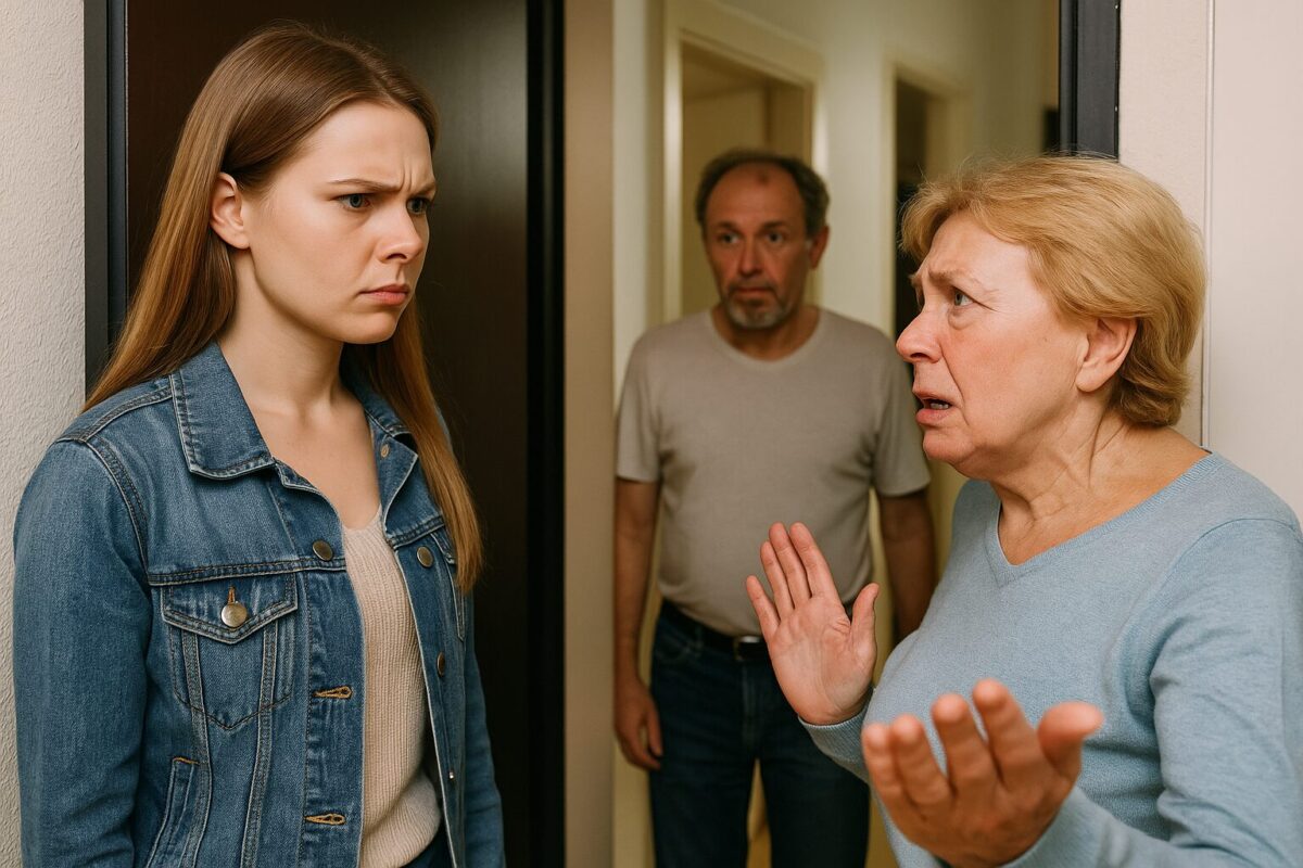 Дочь у двери смотрит с укором на мать и её спутника в квартире.